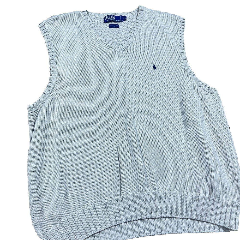 Viintage Polo Ralph Lauren Sweater Vest Men XL Gray Blue V Neck Heavy Chunky Rib - Picture 2 of 9